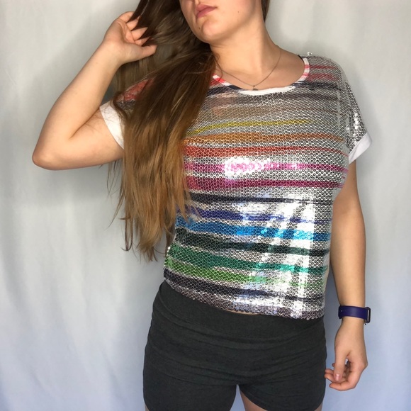 Body Central Rainbow Striped Sequin Relaxed Fit Top - Size Small - Picture 12 of 12